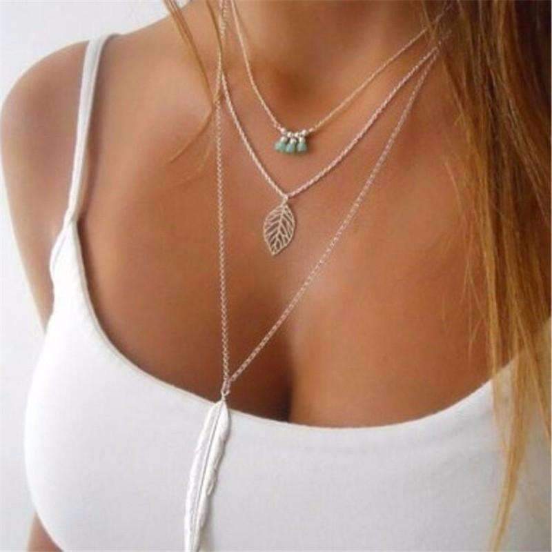 Turquoise Leaf Feather Multi Layer Necklace – ESPICO73