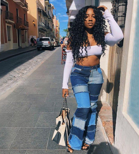 Women's Patchwork Pants Hight Waist  Straight Denim Jeans